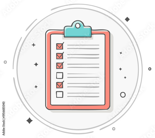 Illustration of a checklist on a clipboard showing completed and incomplete tasks for organization and productivity