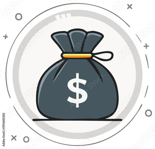 Dark gray money bag with dollar sign and festive circular frame