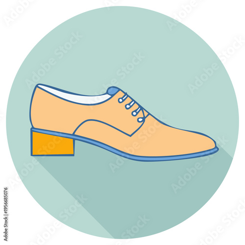 Stylish flat design dress shoe vector icon in peach and blue with long shadow effect.