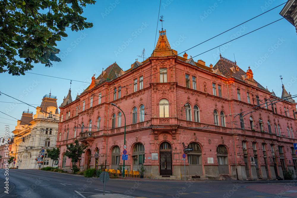 Fototapeta premium Sunrise view of historical houses in Szeged, Hungary