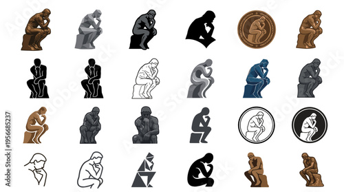 Multiple depictions of "The Thinker" statue in various styles, colors, and formats, including silhouettes, outlines, and detailed renderings.