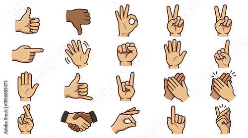 Illustration showing various hand gestures including thumbs up, thumbs down, peace sign, handshake, and pointing.