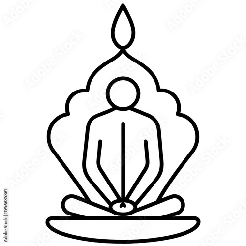 Simple black line icon of a person practicing yoga in a lotus position with spiritual aura.