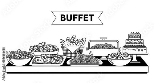 Buffet table with various food.