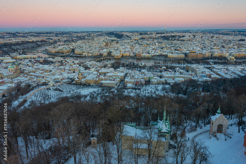 Fototapeta premium Sunset panorama view of Prague from Petrin hill, Czech republic