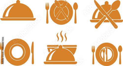 Collection of restaurant table setting icons with plates cutlery and food covers in orange color