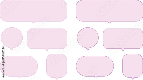 ピンクと紫色の吹き出しセット。角丸長方形、丸、縦長などさまざまな形が含まれている。シンプルで使いやすい。