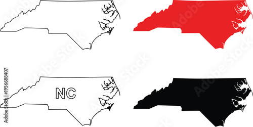 A collection of four distinct outline map designs representing the state of north carolina in usa Vector