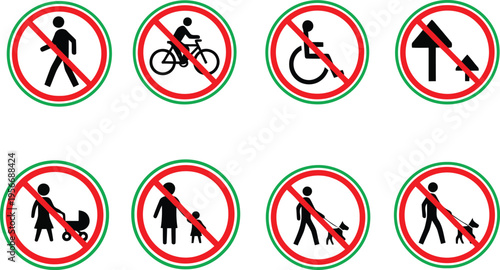 A collection of eight circular prohibition signs illustrating various restricted public activities Vector