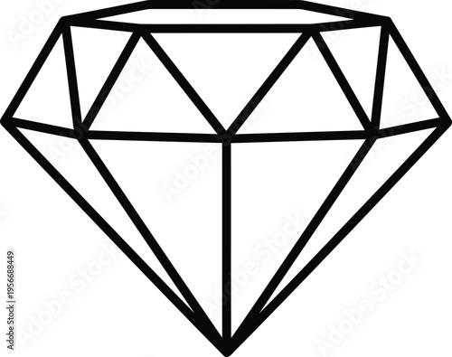 A minimalist black and white line art illustration of a classic brilliant cut diamond gemstone Vector