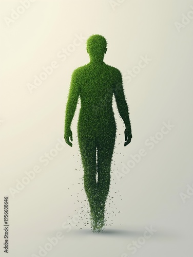 A human figure formed entirely from lush green grass slowly dissolves into flying blades at its base. Powerful concept for ecology, sustainability, green identity, ESG, and environmental campaigns.