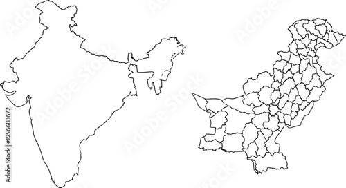 A simple black and white outline map showing the sovereign nations of india and pakistan side by side Vector