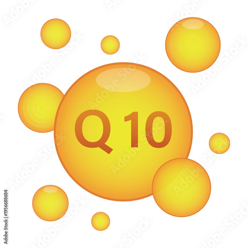 Coenzyme Q10 CoQ10 Vector Illustration: Yellow Antioxidant Bubbles for Skin Care, Energy, and Heart Health. Nutrition Supplement Icon for Medical, Cosmetic and Pharmacy Design. Vitamin Concept Logo.