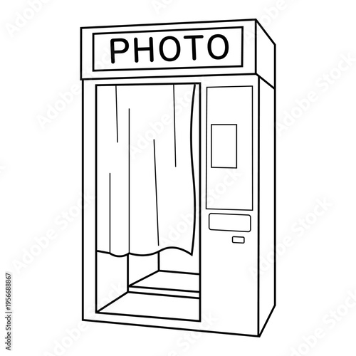 就活や履歴書用の証明写真機を表した白黒線画イラスト