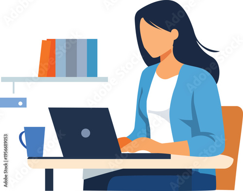 Woman working remotely on a laptop with books and a beverage