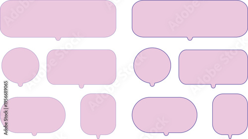 ピンクと紫色の吹き出しセット。角丸長方形、丸、縦長などさまざまな形が含まれている。シンプルで使いやすい。