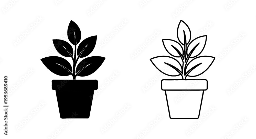 Obraz premium Vector illustration of set of potted plant icons in solid and outline styles