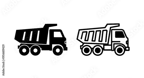 Vector illustration of set of two dump truck icons in solid and outline style