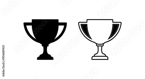 Vector illustration of set of two trophy cup icons, solid black and outline style