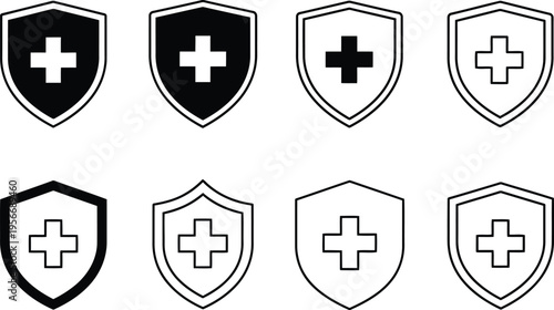 A collection of eight shield icons featuring various medical cross symbols in different styles Vector