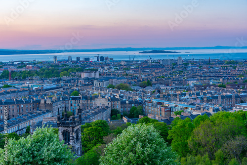 Bild auf Leinwand Sunset aerial view of harbour district of Edinburgh, Scotland