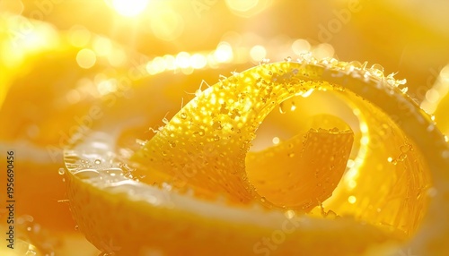Close-up of a vibrant orange peel curl glistening with moisture.
