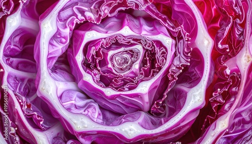 Close-up of a vibrant red cabbage head showing intricate leaf patterns.