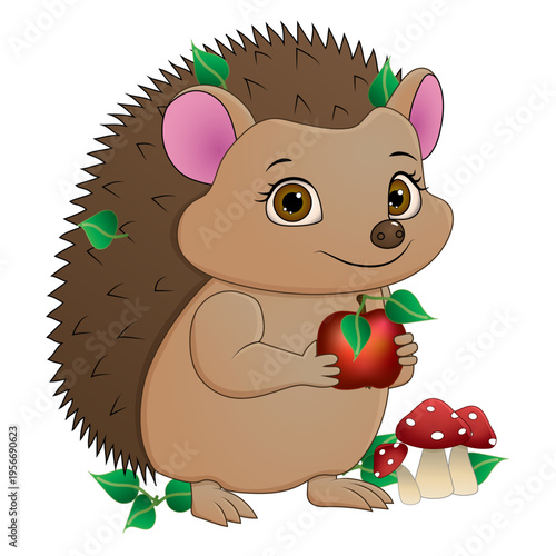 Cute Hedgehog Holding Red Apple with Mushrooms and Leaves – Adorable Forest Animal Illustration