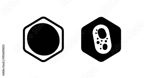 Vector illustration of set of icons representing a cell or bacteria inside a hexagon shape