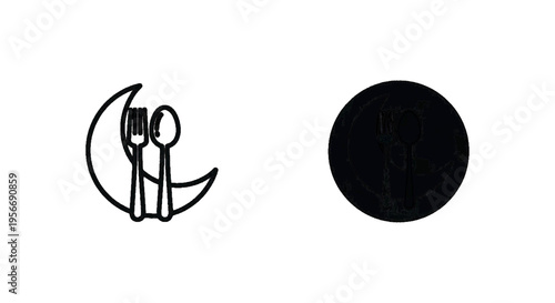Vector illustration of icon of a fork and spoon with a crescent moon shape