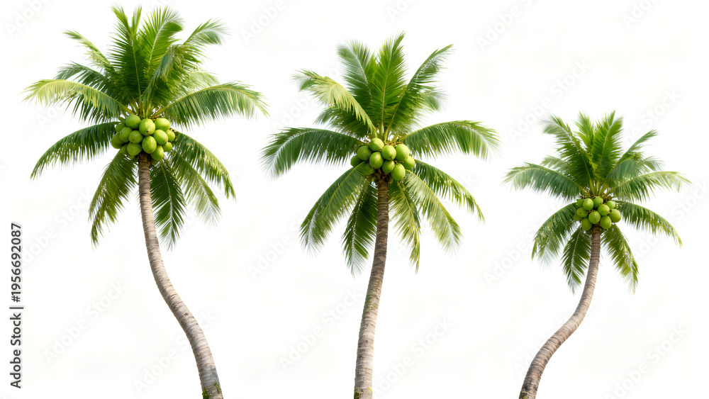 Obraz premium imager Three vibrant green coconut palm trees with ripe coconuts, tropical summer vacation concept isolated on White Background background
