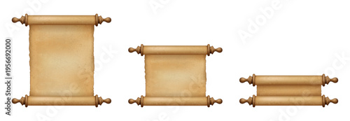Set of ancient parchment scroll stages from fully unrolled to tightly rolled. Historical paper manuscript elements isolated on transparent background. Realistic vector illustration