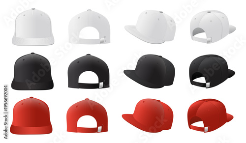 Set of baseball caps in different colors isolated on transparent background. Realistic vector illustration of casual headwear for fashion design, branding mockups and apparel concepts