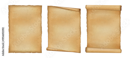 Set of aged paper sheets with worn edges and vintage texture isolated on transparent background. Realistic vector illustration of antique parchment for design, history themes and layouts