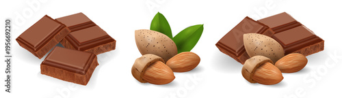 Set of chocolate cubes with almond nuts isolated on transparent background. Realistic vector illustration of sweet dessert ingredients for food design, packaging and confectionery themes