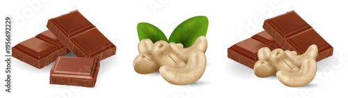 Set of chocolate cubes with cashew nuts isolated on transparent background. Realistic vector illustration of sweet dessert ingredients for food design, packaging and confectionery themes