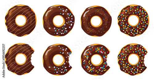 Set of chocolate donuts with glaze and toppings isolated on transparent background. Realistic vector illustration of sweet bakery dessert for food design, packaging and confectionery themes