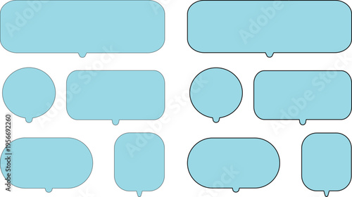 Collection of various light blue speech and thought bubbles on transparent background..A versatile collection of ten bright sky blue speech bubbles in various shapes, including rounded rectangles,.