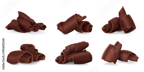 Set of chocolate shavings and curls isolated on transparent background. Realistic vector illustration of sweet dessert decoration for bakery design, confectionery packaging and food themes