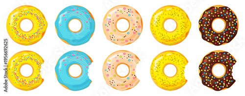Set of donuts in different colors and flavors isolated on transparent background. Realistic vector illustration of sweet bakery desserts for food design, menu, packaging and cafe themes