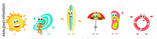 Set of cute beach objects with eyes and hands including hat, surfboard and umbrella. Flat vector illustration of funny summer characters isolated on transparent background