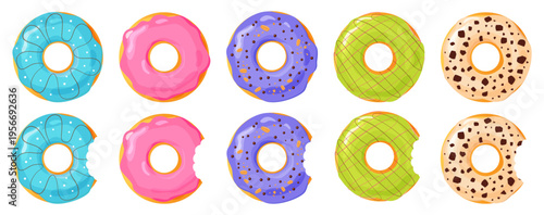 Set of donuts in different colors and flavors isolated on transparent background. Realistic vector illustration of sweet bakery desserts for food design, menu, packaging and cafe themes