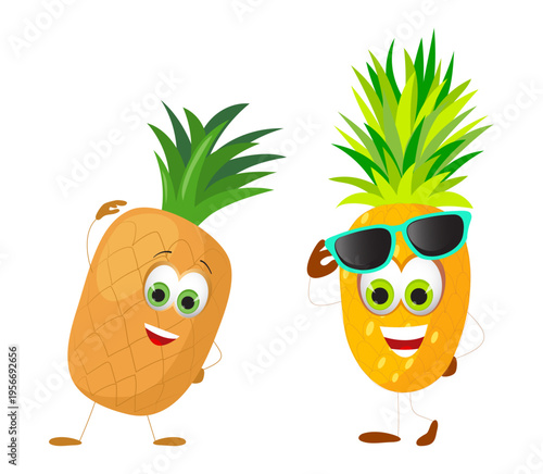 Set of cute pineapple characters with eyes and hands in playful poses. Flat vector illustration of funny tropical fruit mascots isolated on transparent background