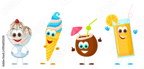 Set of cute beach food characters including ice cream and fruit drinks with eyes and hands. Flat vector illustration of funny summer snacks isolated on transparent background