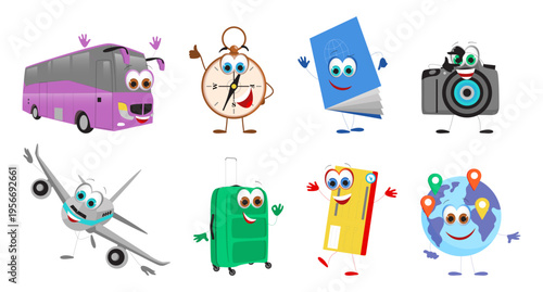 Set of cute travel objects with eyes and hands including suitcase, ticket and camera. Flat vector illustration of funny tourism characters isolated on transparent background
