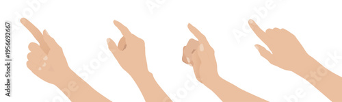Set of human hands in different poses pressing buttons or touching surfaces. Flat vector illustration isolated on transparent background for interface, technology and design concepts