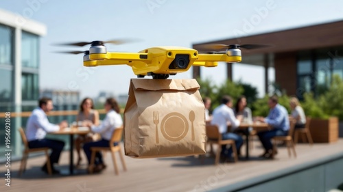Drone Delivering Catering Lunch on Rooftop for Business Meeting