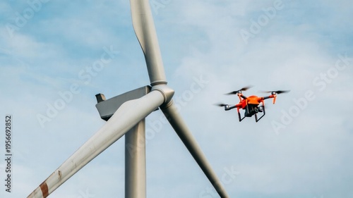 Orange Inspection Drone Flying Close to Wind Turbine Blade in Industrial Site