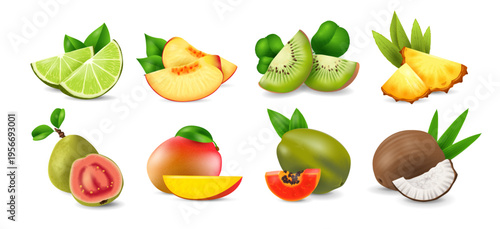 Set of tropical fruits including lime, peach, kiwi, pineapple and more isolated on transparent background. Realistic vector illustration for food, beverage, and summer design themes