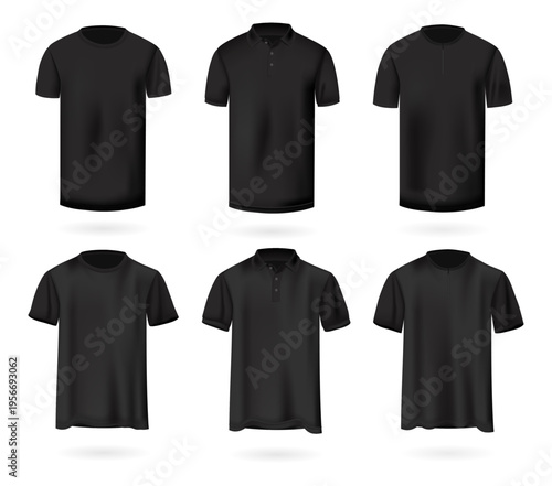 Set of black summer t-shirts isolated on transparent background. Realistic vector illustration of casual clothing for fashion, apparel, and wardrobe design